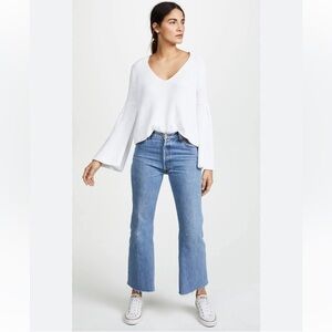 Free People - Damsel Cable Knit Cropped Pullover V-Neck Bell Sleeve White Size S